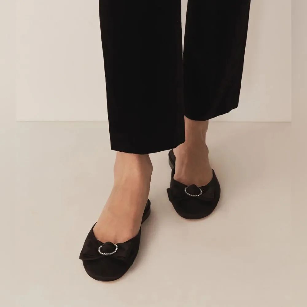 DÔEN Tilly Beaded Bow Satin Mules NIB